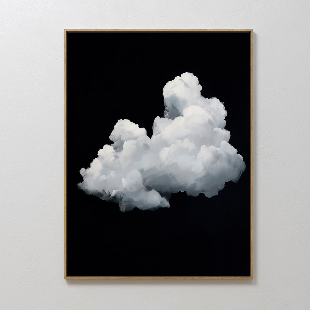 Cloud In Darkness Abstract Canvas Art features a fluffy white cloud on a solid black background, elegantly framed and ideal as minimalist wall art for any modern space.