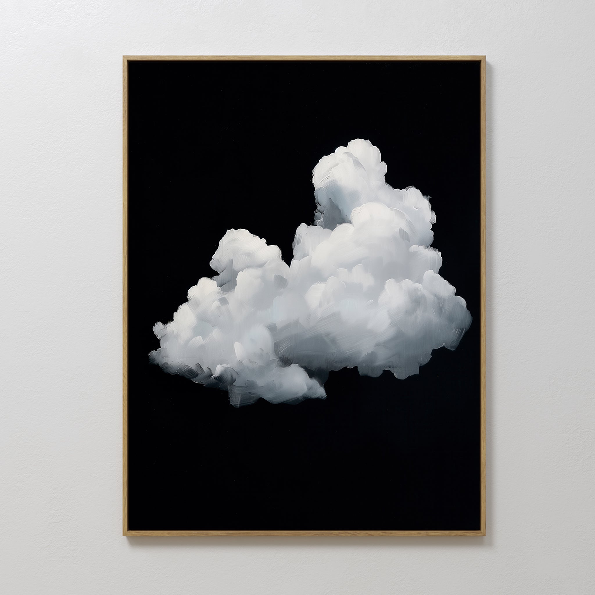 Cloud In Darkness Abstract Canvas Art features a fluffy white cloud on a solid black background, elegantly framed and ideal as minimalist wall art for any modern space.