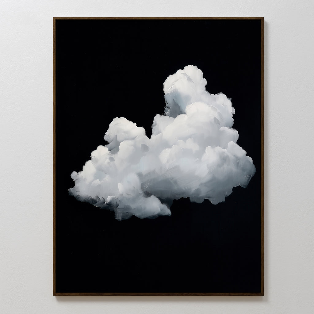 The Cloud In Darkness Abstract Canvas Art features a fluffy white cloud on a solid black background, elegantly framed and displayed on a white wall—an ideal piece of minimalist wall art.