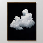 The Cloud In Darkness Abstract Canvas Art features a fluffy white cloud on a solid black background, elegantly framed and displayed on a white wall—an ideal piece of minimalist wall art.