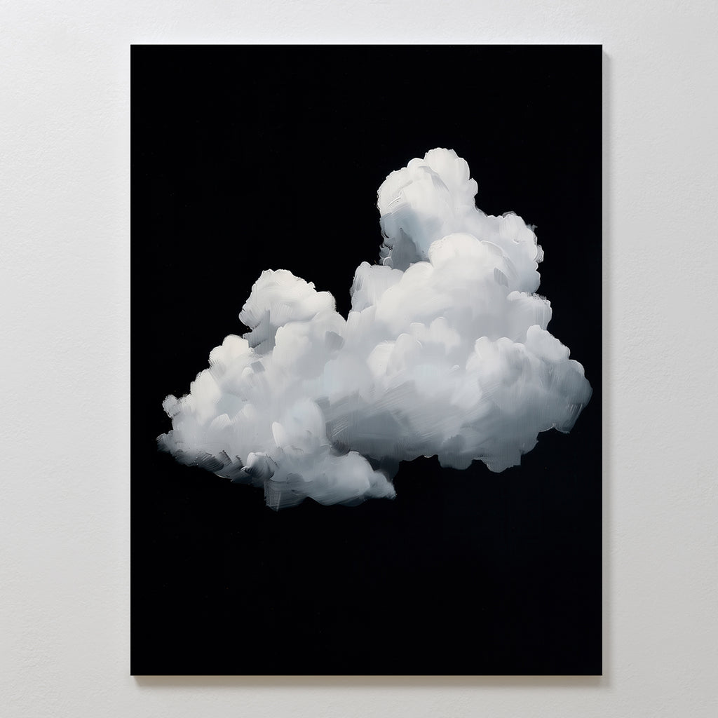Cloud In Darkness Abstract Canvas Art features a fluffy white cloud centered on a black background, displayed on a square canvas. Ideal as minimalist wall art for contemporary interiors.