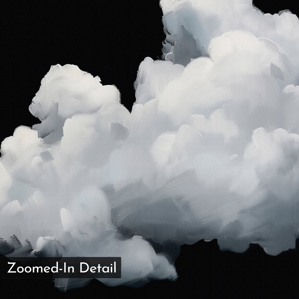 A close-up view of fluffy white clouds with soft brushstrokes against a black background creates striking minimalist wall art. The bottom left corner of the Cloud In Darkness Abstract Canvas Art features the text “Zoomed-In Detail.”.