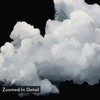 A close-up view of fluffy white clouds with soft brushstrokes against a black background creates striking minimalist wall art. The bottom left corner of the Cloud In Darkness Abstract Canvas Art features the text “Zoomed-In Detail.”.