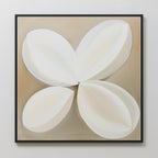 Clover Harmony Abstract Canvas Art features four overlapping, petal-like white shapes on a soft beige background in a thin black frame. This modern piece brings an elegant, minimalist flower-inspired touch to any living room decor.