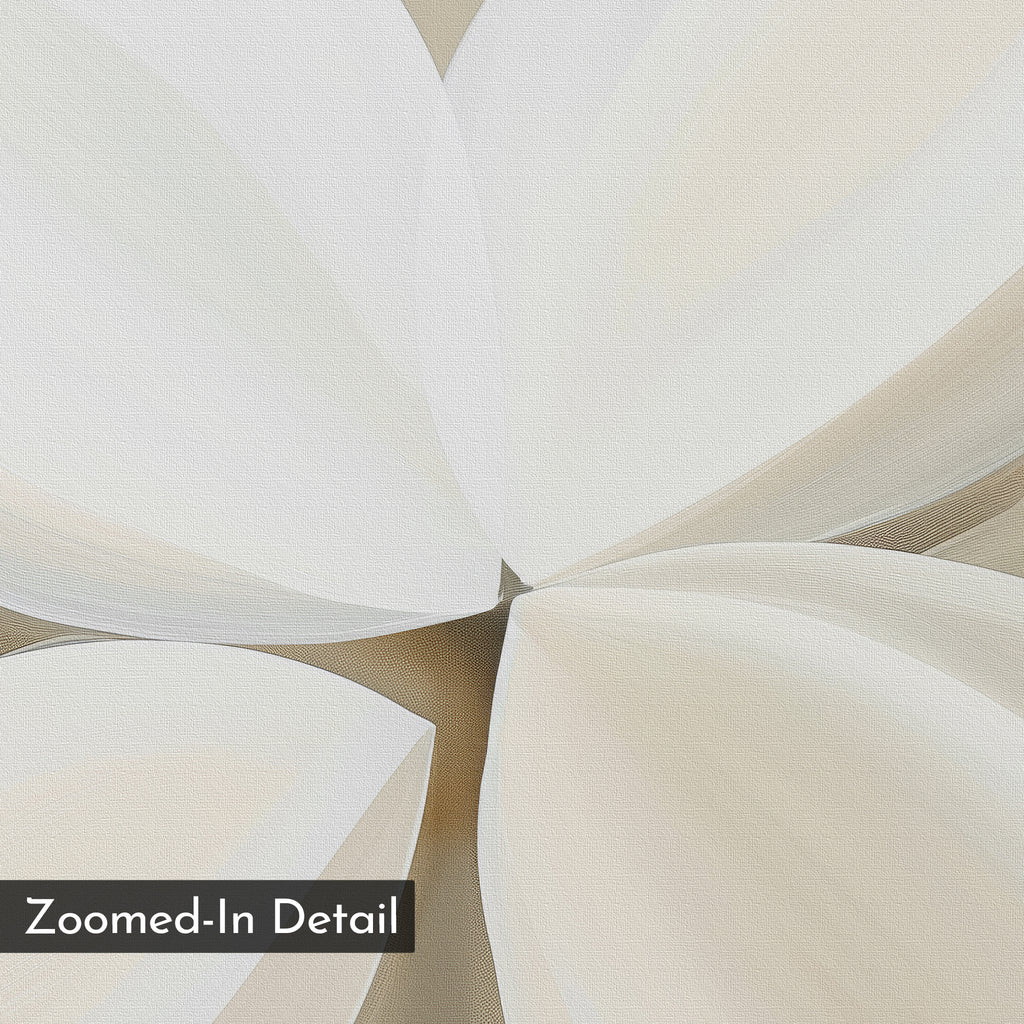 Close-up of abstract, overlapping white and cream petal shapes on a neutral background with a subtle canvas texture—Clover Harmony Abstract Canvas Art is perfect for minimalist wall decor. Lower left corner shows label: Zoomed-In Detail.