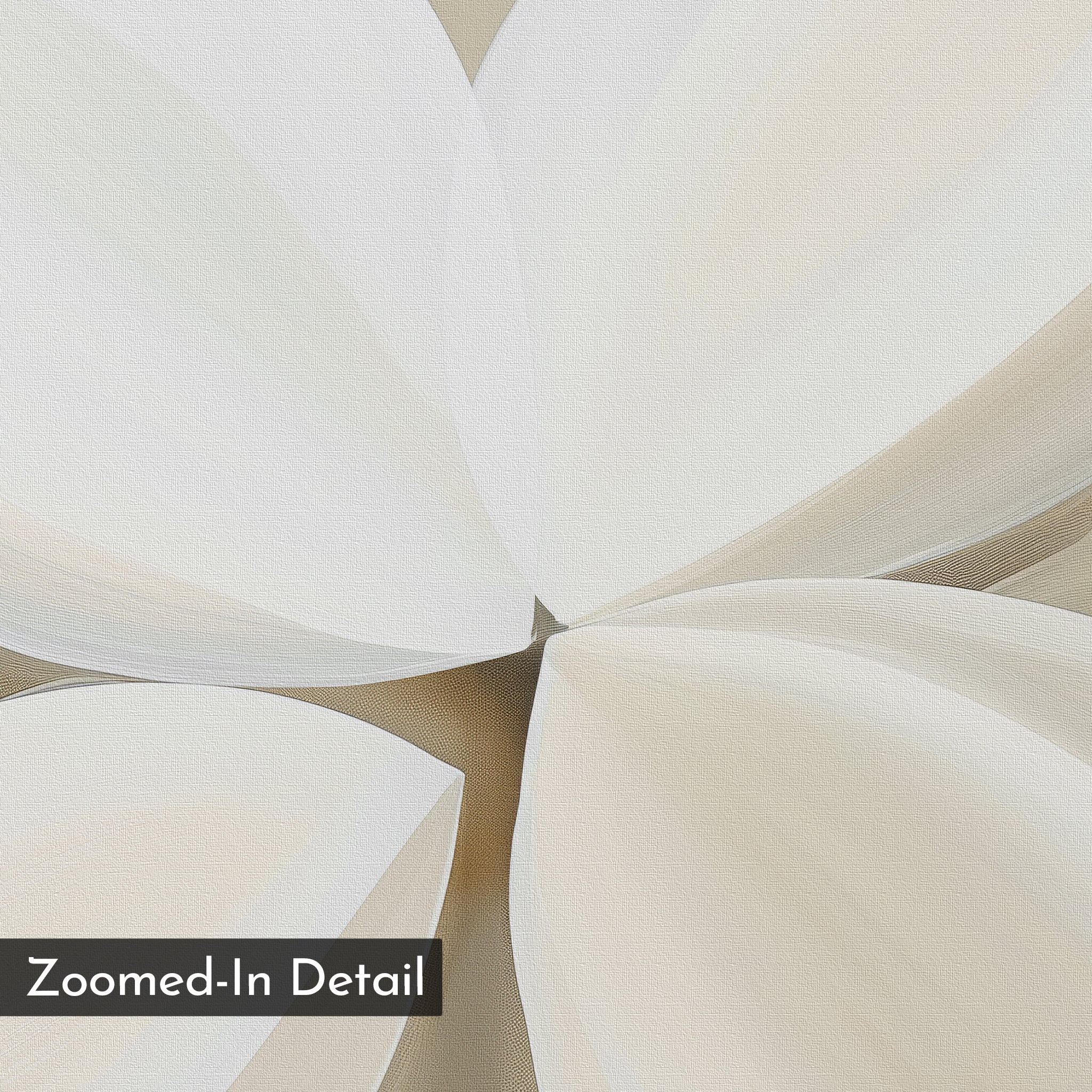 Close-up of abstract, overlapping white and cream petal shapes on a neutral background with a subtle canvas texture—Clover Harmony Abstract Canvas Art is perfect for minimalist wall decor. Lower left corner shows label: Zoomed-In Detail.