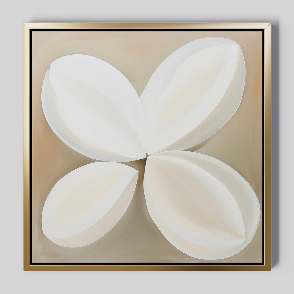 Clover Harmony Abstract Canvas Art features four large, overlapping white petal shapes on a soft beige background with a thin gold frame. Minimalist shading adds depth, making it perfect modern décor for your living room.