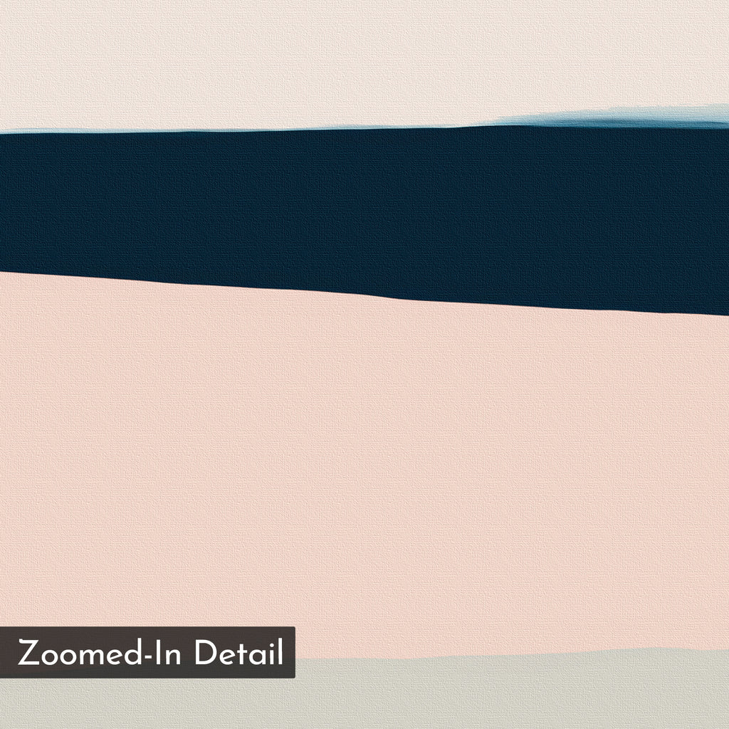 Coastal Blend Abstract Canvas Art features horizontal bands in dark navy, light pink, beige, and white with a textured, canvas-like finish. Perfect as modern or minimalist wall art to elevate your living room decor. Includes "Zoomed-In Detail" label.