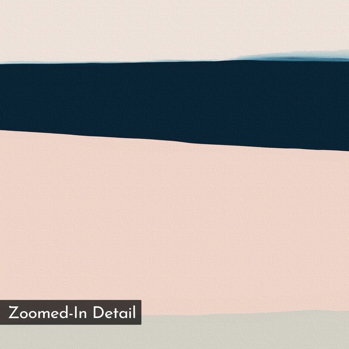 Coastal Blend Canvas Art – Horizontal showcases abstract horizontal bands in off-white, dark navy blue, and pale blush pink. Subtle canvas texture and a “Zoomed-In Detail” label make this minimalist piece ideal for modern or living room decor.