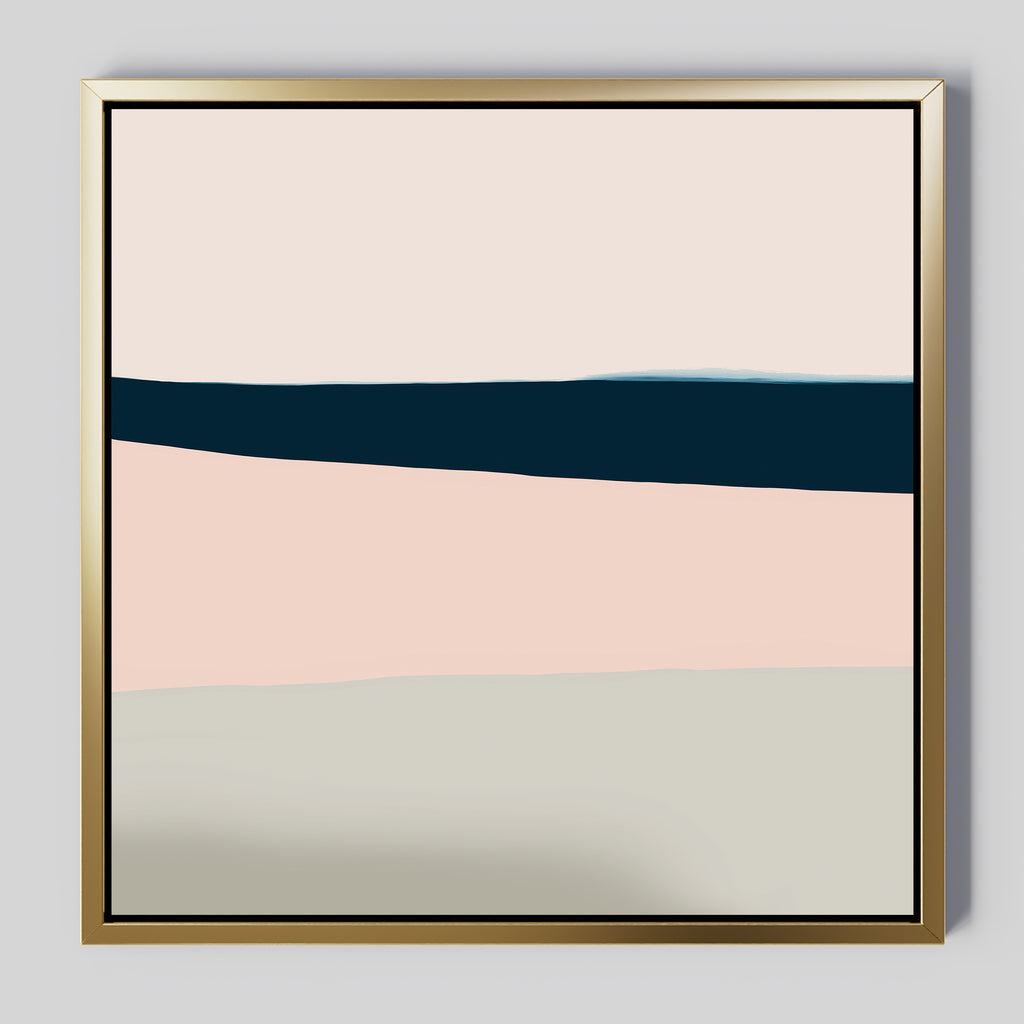 Coastal Blend Abstract Canvas Art features broad horizontal bands of off-white, dark blue, blush pink, and light gray in a gold frame—ideal minimalist wall art to elevate your living room with a calm, modern touch.