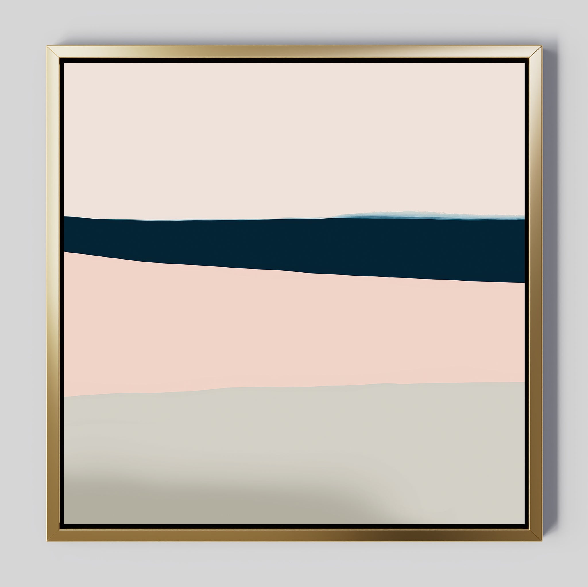 Coastal Blend Abstract Canvas Art features broad horizontal bands of off-white, dark blue, blush pink, and light gray in a gold frame—ideal minimalist wall art to elevate your living room with a calm, modern touch.