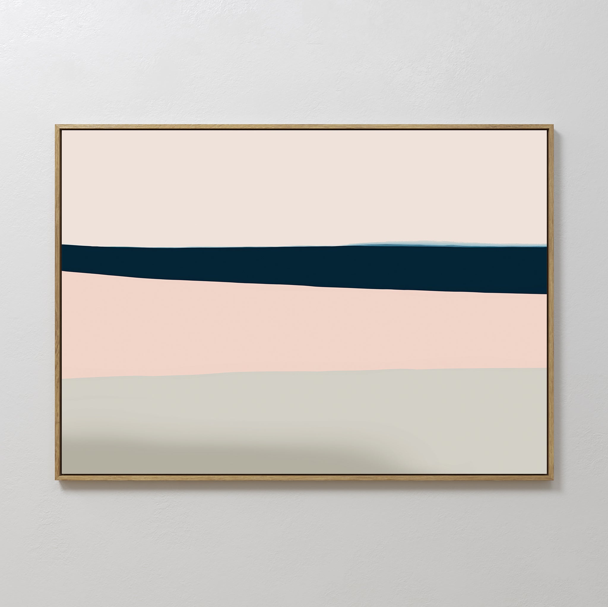 Coastal Blend Canvas Art – Horizontal features horizontal bands of cream, pink, navy blue, and gray in a minimalist style with a thin gold frame—ideal wall art for modern living room decor.