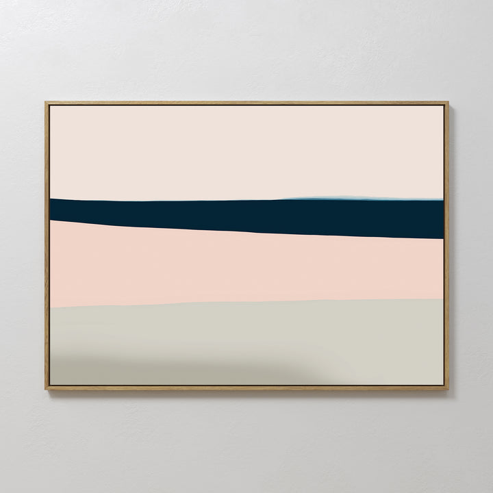 Coastal Blend Canvas Art – Horizontal features horizontal bands of cream, pink, navy blue, and gray in a minimalist style with a thin gold frame—ideal wall art for modern living room decor.