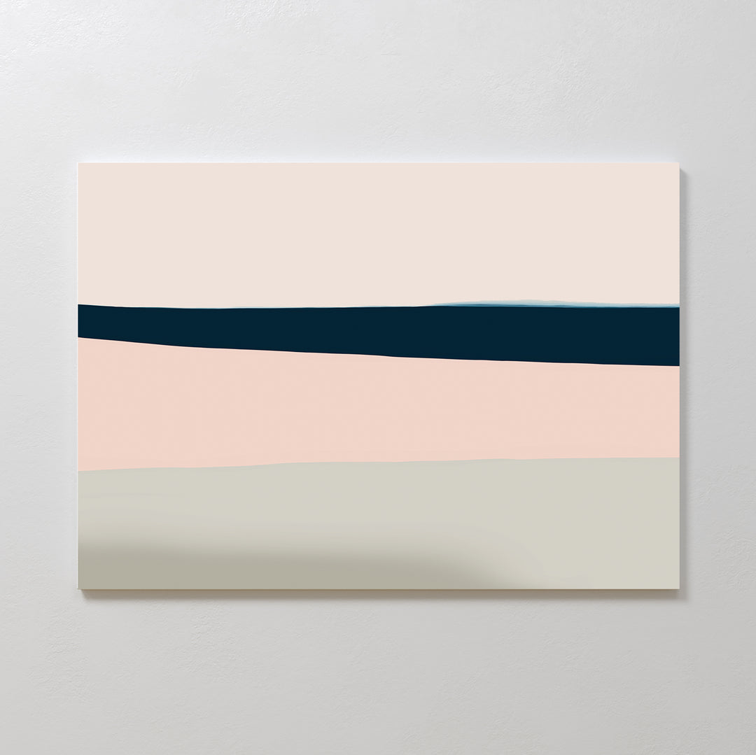 The Coastal Blend Canvas Art – Horizontal features four softly blended bands in off-white, dark blue, pale pink, and light gray, bringing serene elegance and a modern touch to your living room decor.
