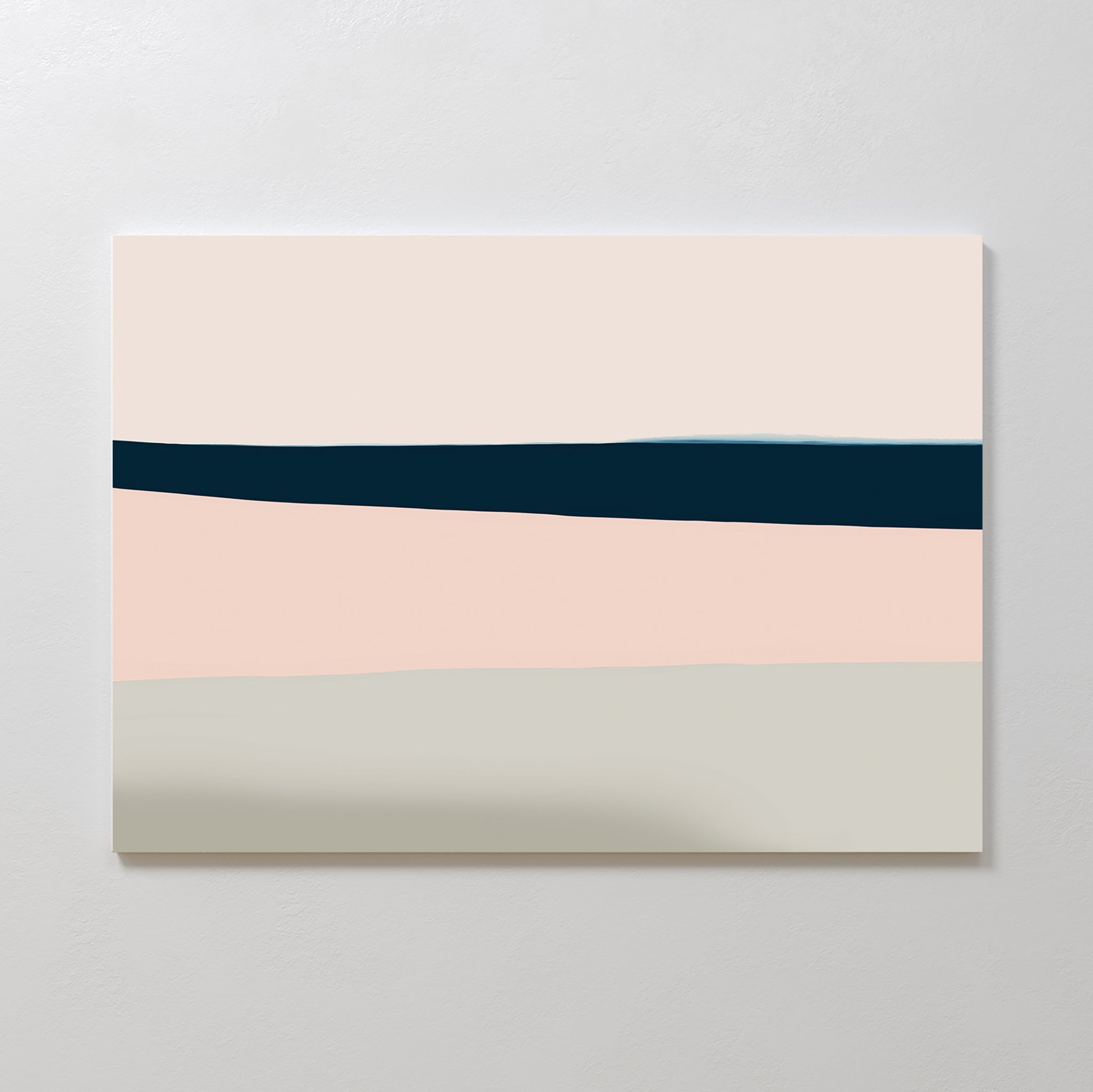 The Coastal Blend Canvas Art – Horizontal features four softly blended bands in off-white, dark blue, pale pink, and light gray, bringing serene elegance and a modern touch to your living room decor.