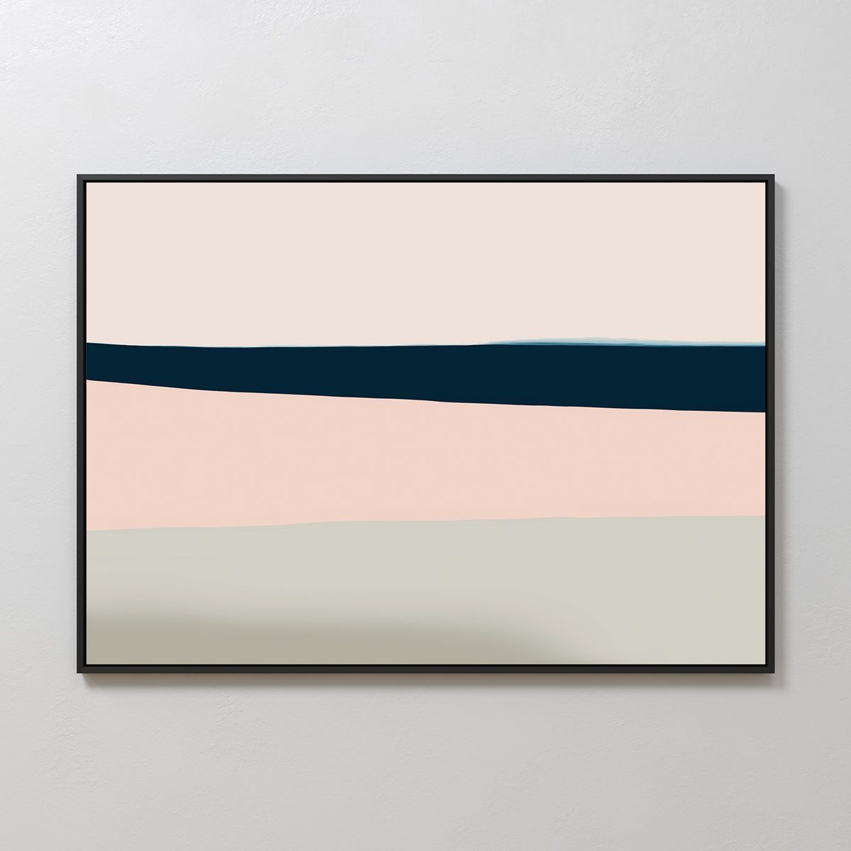 The Coastal Blend Canvas Art – Horizontal features horizontal bands in cream, blush pink, dark blue, and light gray with a black frame—ideal minimalist wall art for modern or understated living room decor.