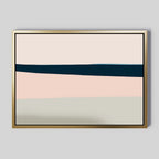 The Coastal Blend Canvas Art – Horizontal features minimalist abstract bands of beige, blush pink, navy blue, and off-white on a light gray background in a gold frame—perfect modern decor for your living room.
