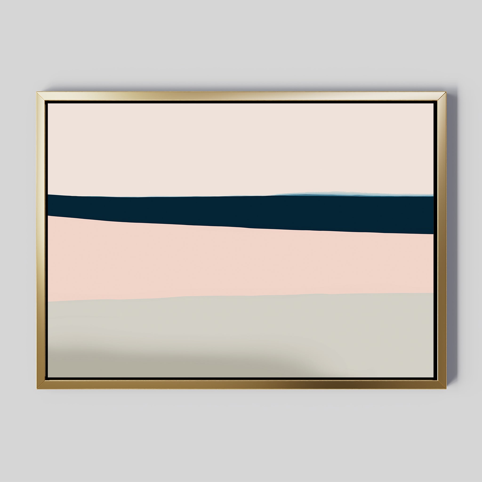 The Coastal Blend Canvas Art – Horizontal features minimalist abstract bands of beige, blush pink, navy blue, and off-white on a light gray background in a gold frame—perfect modern decor for your living room.