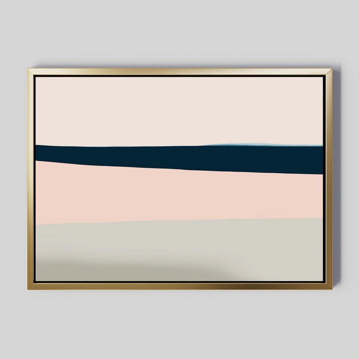 The Coastal Blend Canvas Art – Horizontal features minimalist abstract bands of beige, blush pink, navy blue, and off-white on a light gray background in a gold frame—perfect modern decor for your living room.