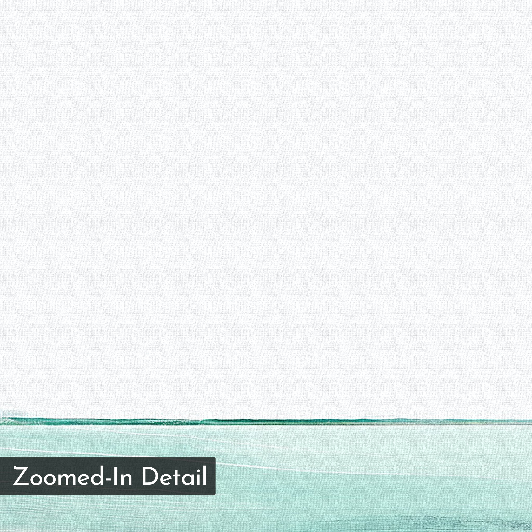 Coastal Breeze Abstract Canvas Art features a textured white upper half with a teal, watercolor-style lower edge. Its minimalist design suits living room decor and includes a dark box in the bottom left reading “Zoomed-In Detail.”.