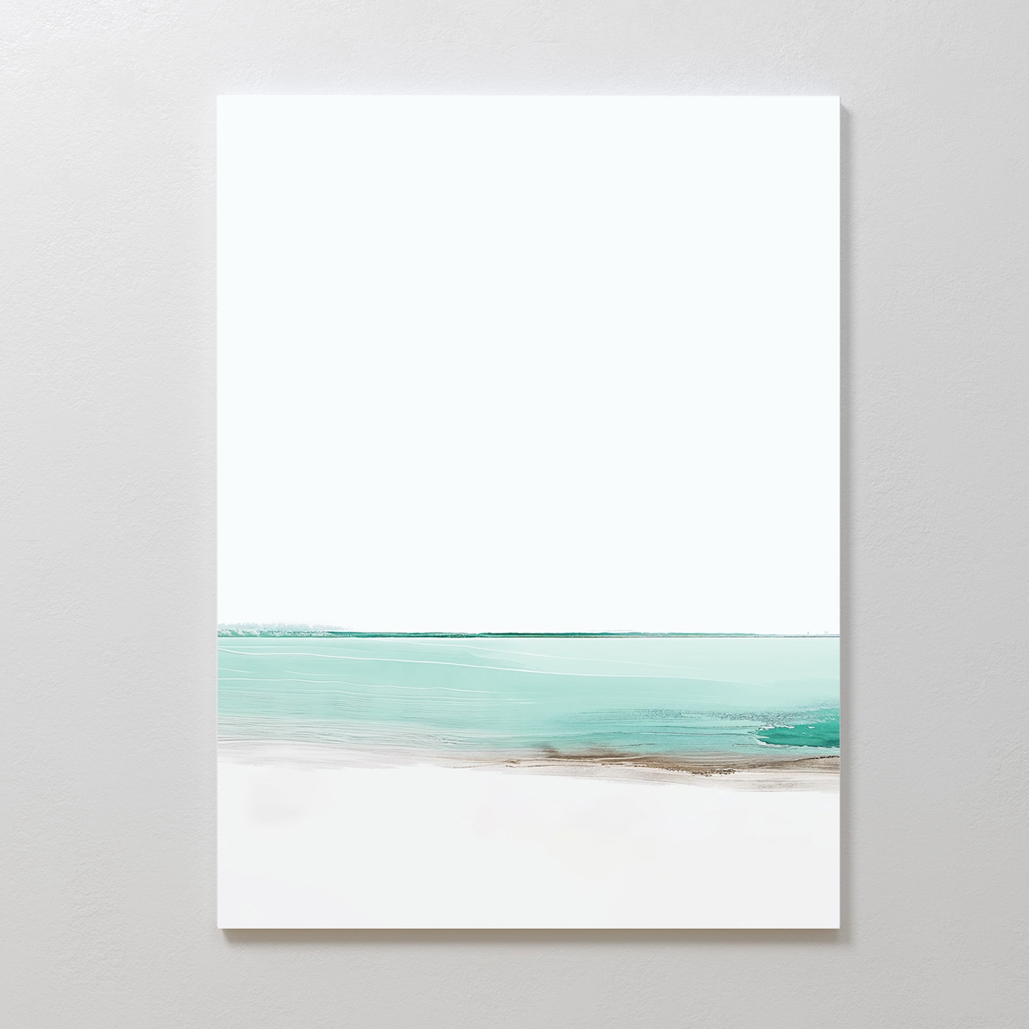 Coastal Breeze Abstract Canvas Art features a white background with soft teal, turquoise, and light beige bands—ideal minimalist wall decor to bring serene beach vibes to your living room.