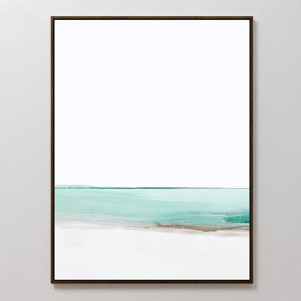 Coastal Breeze Abstract Canvas Art features a tranquil seascape with a turquoise water band, brown shoreline strip, and wide white sky. This framed black artwork adds soothing coastal vibes to your living room decor.