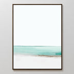 Coastal Breeze Abstract Canvas Art features a tranquil seascape with a turquoise water band, brown shoreline strip, and wide white sky. This framed black artwork adds soothing coastal vibes to your living room decor.