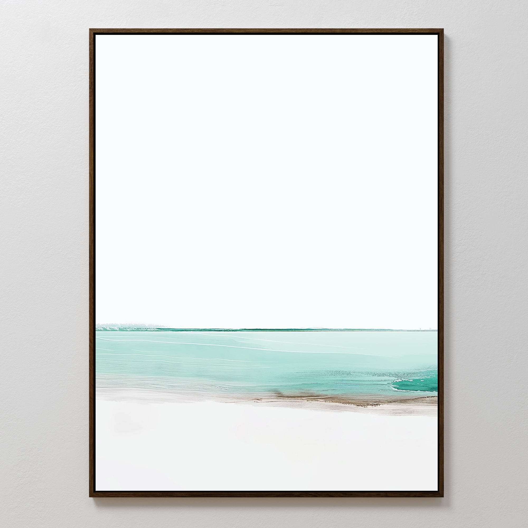Coastal Breeze Abstract Canvas Art features a tranquil seascape with a turquoise water band, brown shoreline strip, and wide white sky. This framed black artwork adds soothing coastal vibes to your living room decor.
