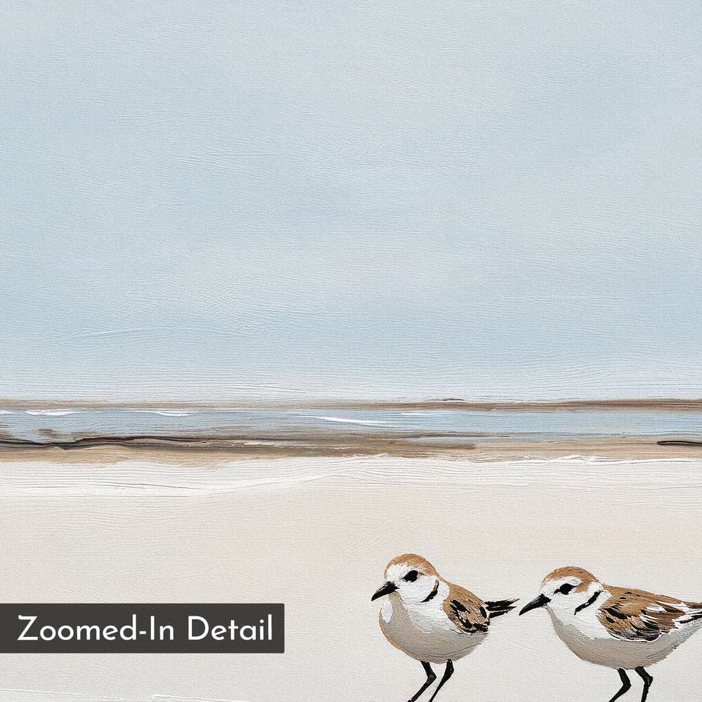 The "Coastal Chase Canvas Art" showcases two small shorebirds on a sandy beach under a calm blue sky with gentle waves. A "Zoomed-In Detail" label appears in the lower-left corner of this serene, minimalist coastal wall art print.