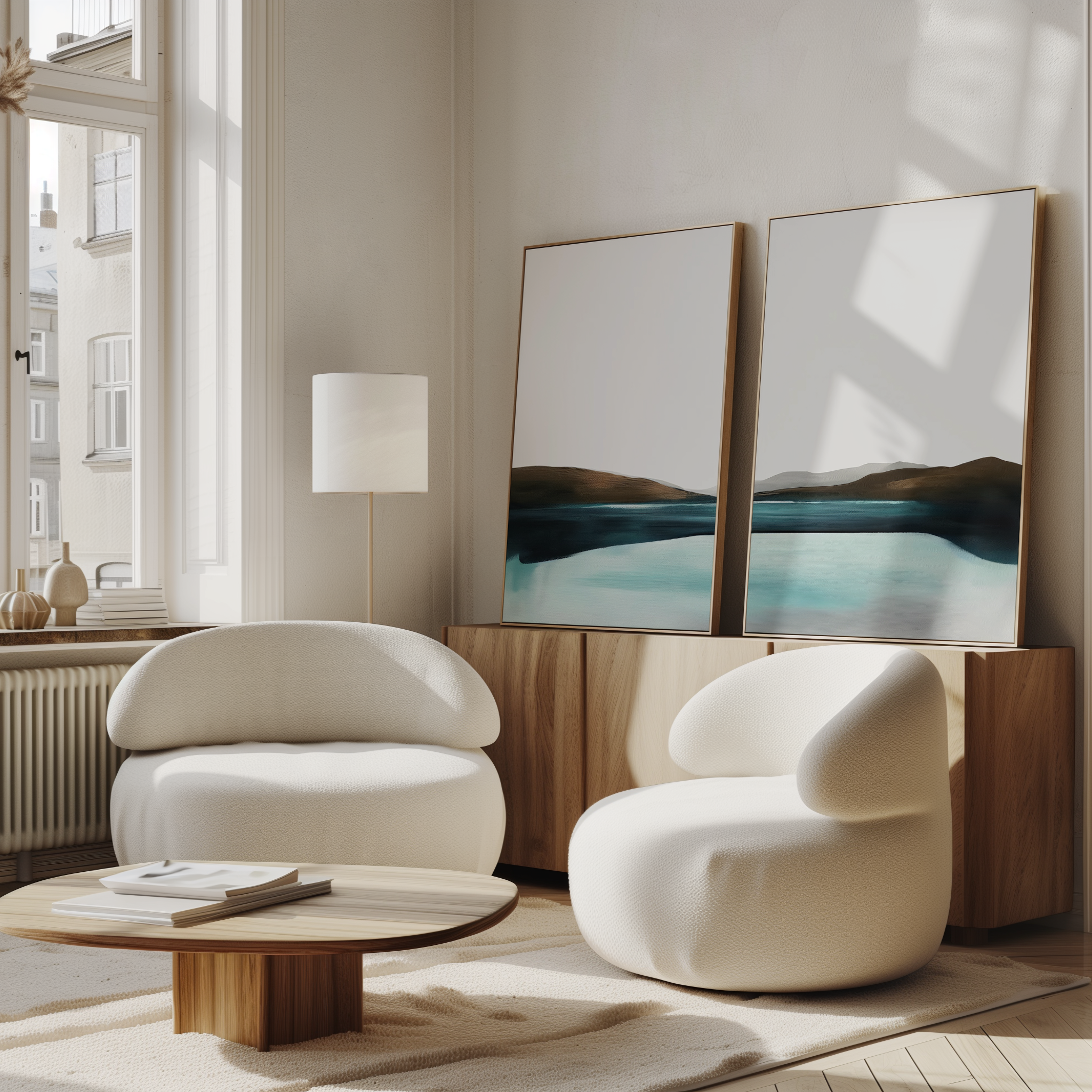 A modern living room featuring the Coastal Calm Set of 2 white, rounded armchairs, a low wooden coffee table, floor lamp, and abstract landscape paintings leaning on a console.