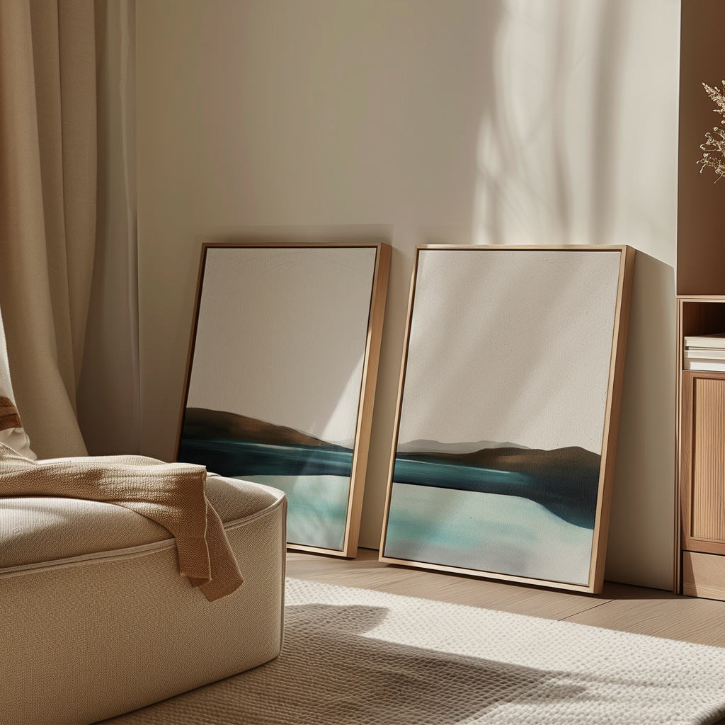 The Coastal Calm Set of 2 features framed abstract landscape paintings in blue and brown tones, resting against a light wall in a sunlit living room, adding modern elegance to your beige-furnished home.