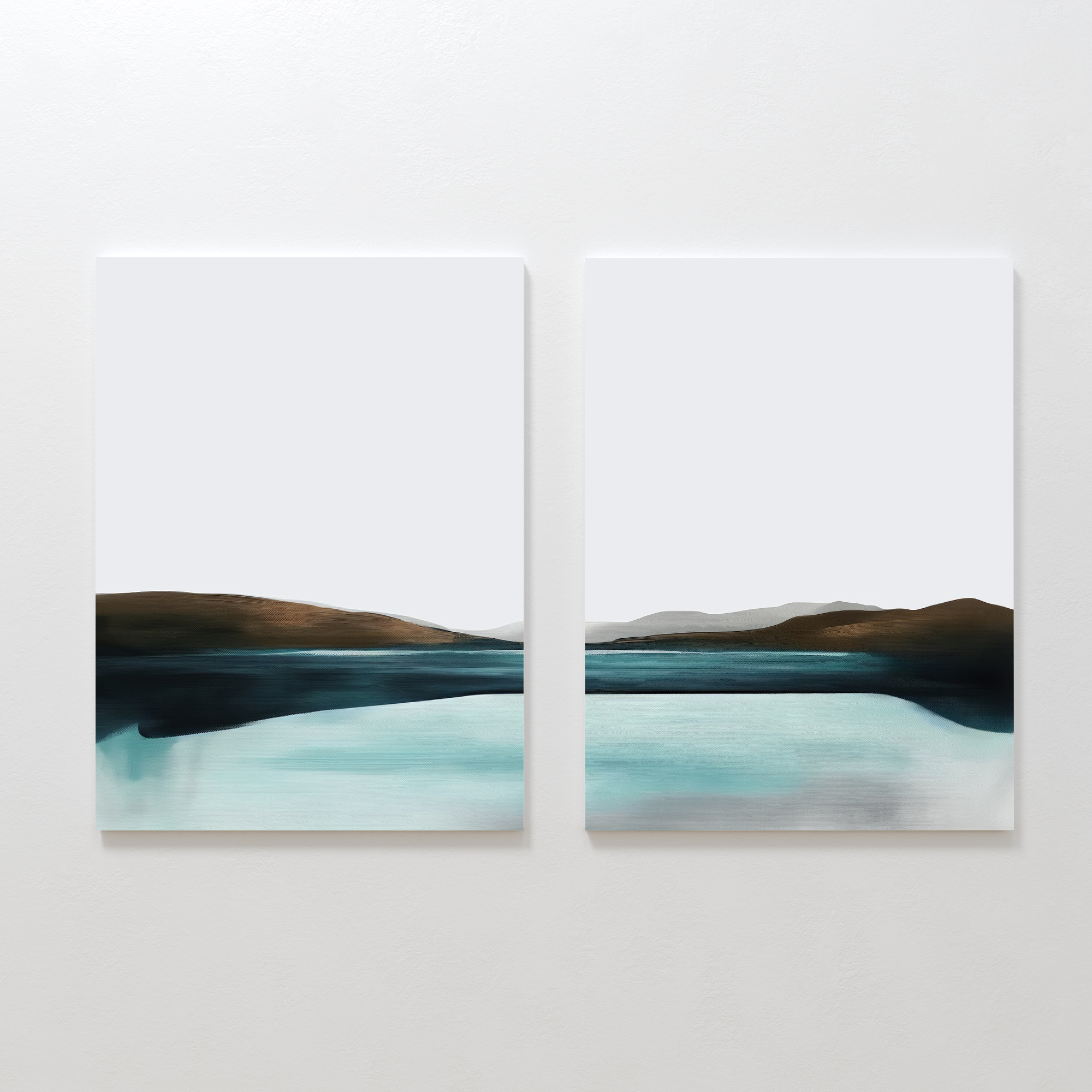 The Coastal Calm Set of 2 features minimalist abstract paintings with brown hills and blue water on a white background, creating a serene landscape that flows seamlessly across both canvases.