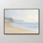 The Coastal Cliffs Canvas Art features a serene beach scene with soft waves and misty cliffs, bringing tranquility and a peaceful atmosphere to any modern home decor.