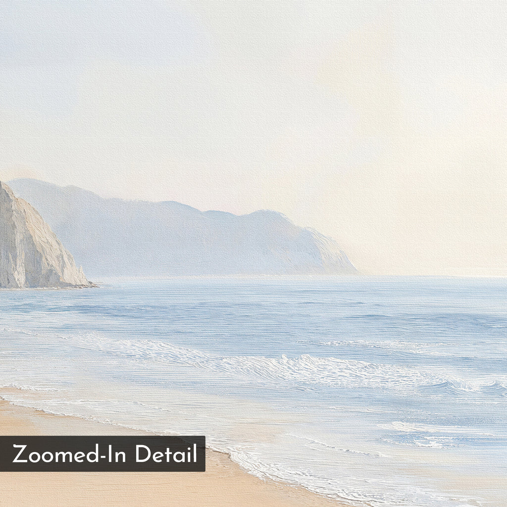 Coastal Cliffs Canvas Art features a serene beach with gentle waves, distant cliffs, and hazy pastel mountains. "Zoomed-In Detail" text appears at the bottom left—ideal for modern home decor.