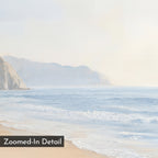 Coastal Cliffs Canvas Art features a serene beach with gentle waves, distant cliffs, and hazy pastel mountains. "Zoomed-In Detail" text appears at the bottom left—ideal for modern home decor.
