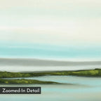 Coastal Marsh Canvas Art: A serene, minimalist print with calm blue water, green grass, and distant misty hills beneath a pale sky—ideal wall art for living room decor. "Zoomed-In Detail" features in the lower left corner.
