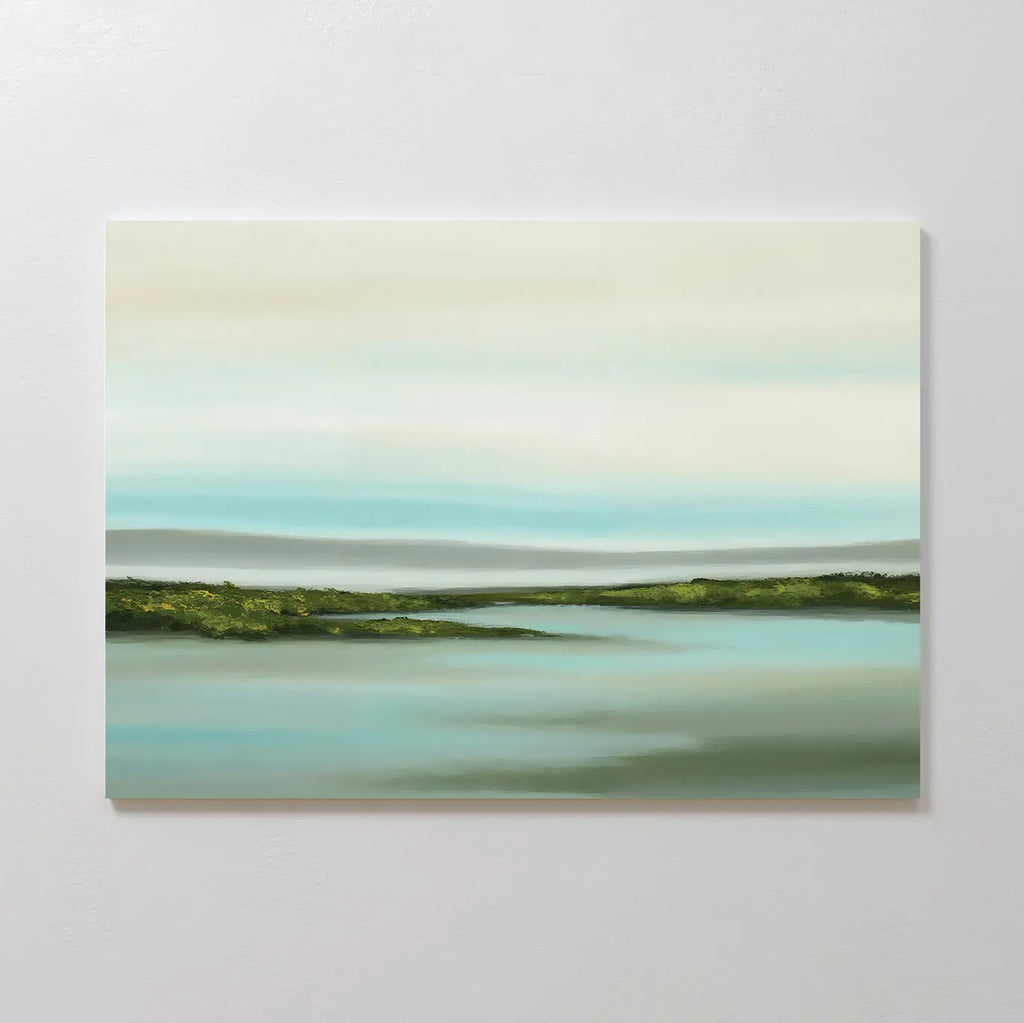 Coastal Marsh Canvas Art features a minimalist landscape with soft blue, green, and beige tones, depicting calm water and distant greenery. Its serene palette makes it ideal minimalist wall art for creating a peaceful bedroom atmosphere.