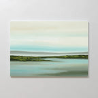 Coastal Marsh Canvas Art features a minimalist landscape with soft blue, green, and beige tones, depicting calm water and distant greenery. Its serene palette makes it ideal minimalist wall art for creating a peaceful bedroom atmosphere.