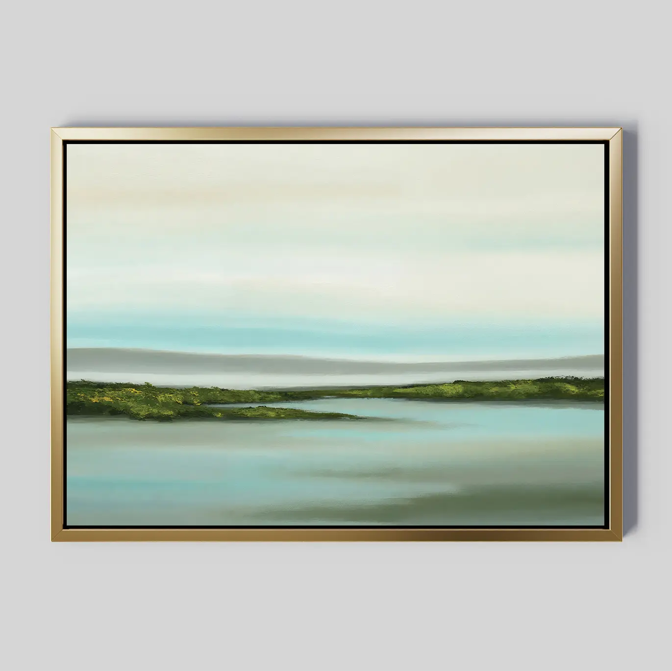 The Coastal Marsh Canvas Art showcases calm blue water, green marshland, and a pale sky with soft clouds. Its gold frame with a black inner edge delivers minimalist elegance, making it perfect wall art for any space.