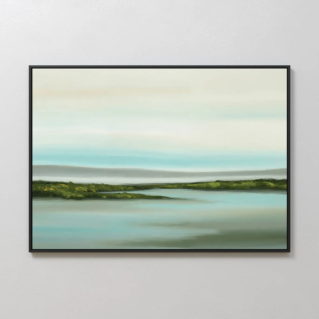 The Coastal Marsh Canvas Art features a serene blue-green water landscape with grassy land and a pale sky, making it the perfect minimalist wall art to enhance any bedroom decor.