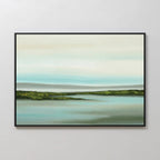 The Coastal Marsh Canvas Art features a serene blue-green water landscape with grassy land and a pale sky, making it the perfect minimalist wall art to enhance any bedroom decor.