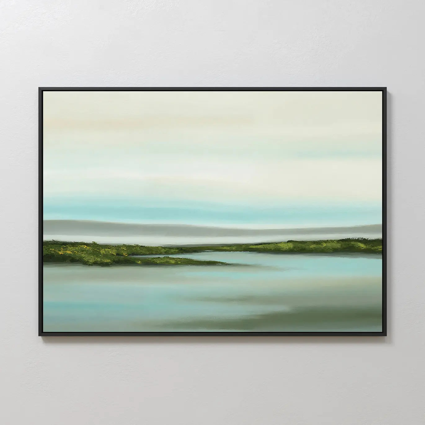 The Coastal Marsh Canvas Art features a serene blue-green water landscape with grassy land and a pale sky, making it the perfect minimalist wall art to enhance any bedroom decor.