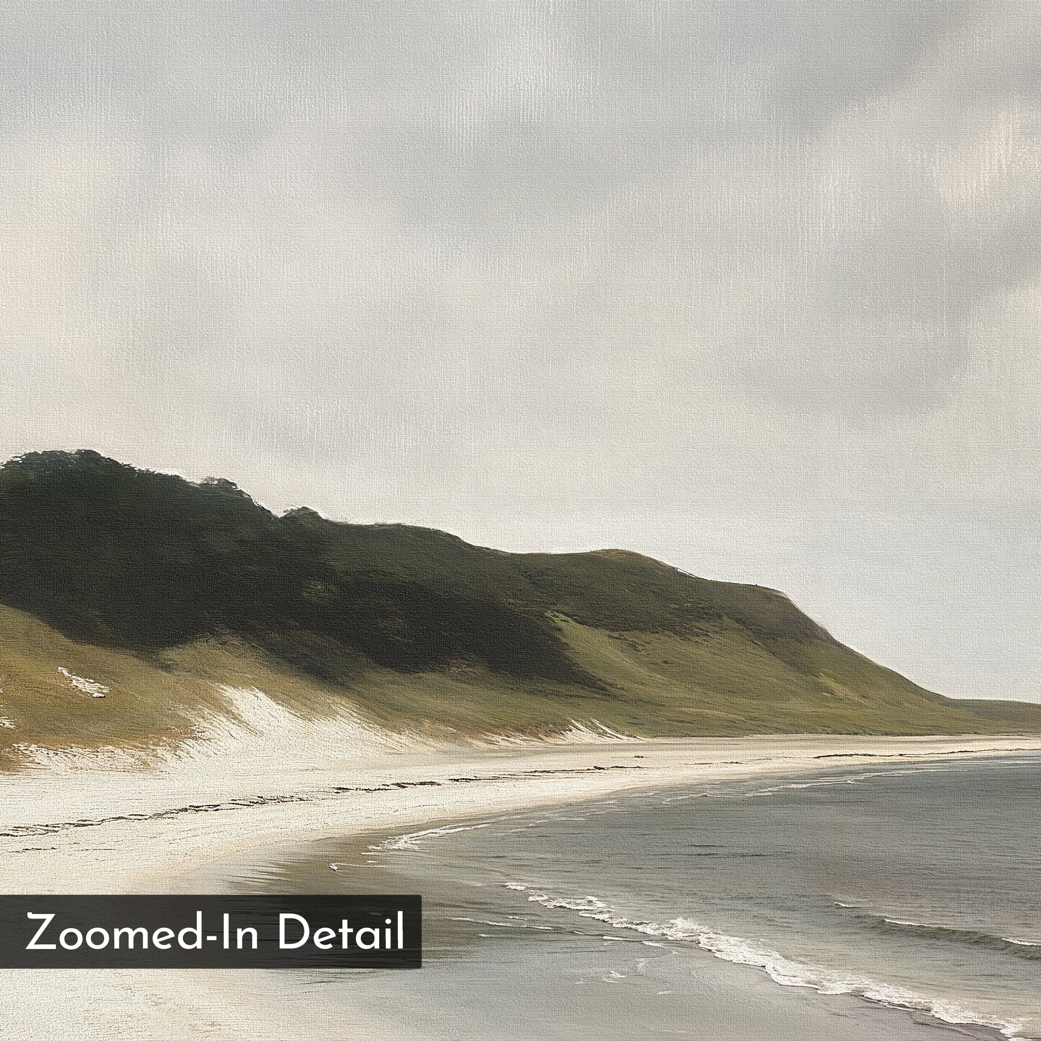 A close-up of the Coastal Silence Canvas Art reveals sandy beaches, rolling hills, soft waves, and a cloudy sky, all with a vintage, textured painted look. "Zoomed-In Detail" appears in the lower left corner.
