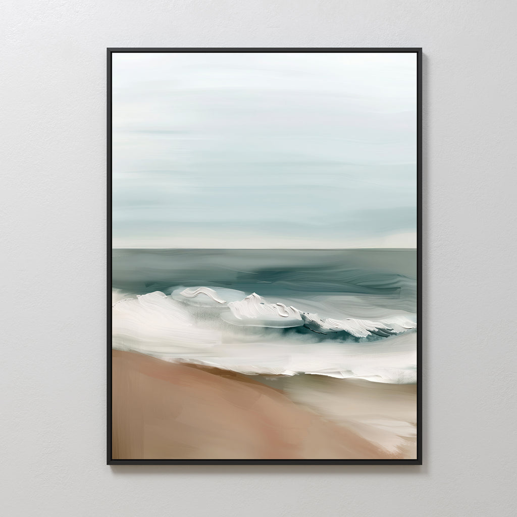 Coastal Whisper Abstract Canvas Art features waves crashing onto a sandy shore beneath a cloudy sky. This large, framed piece adds a calming vibe to any living room decor and looks stunning on light-colored walls.