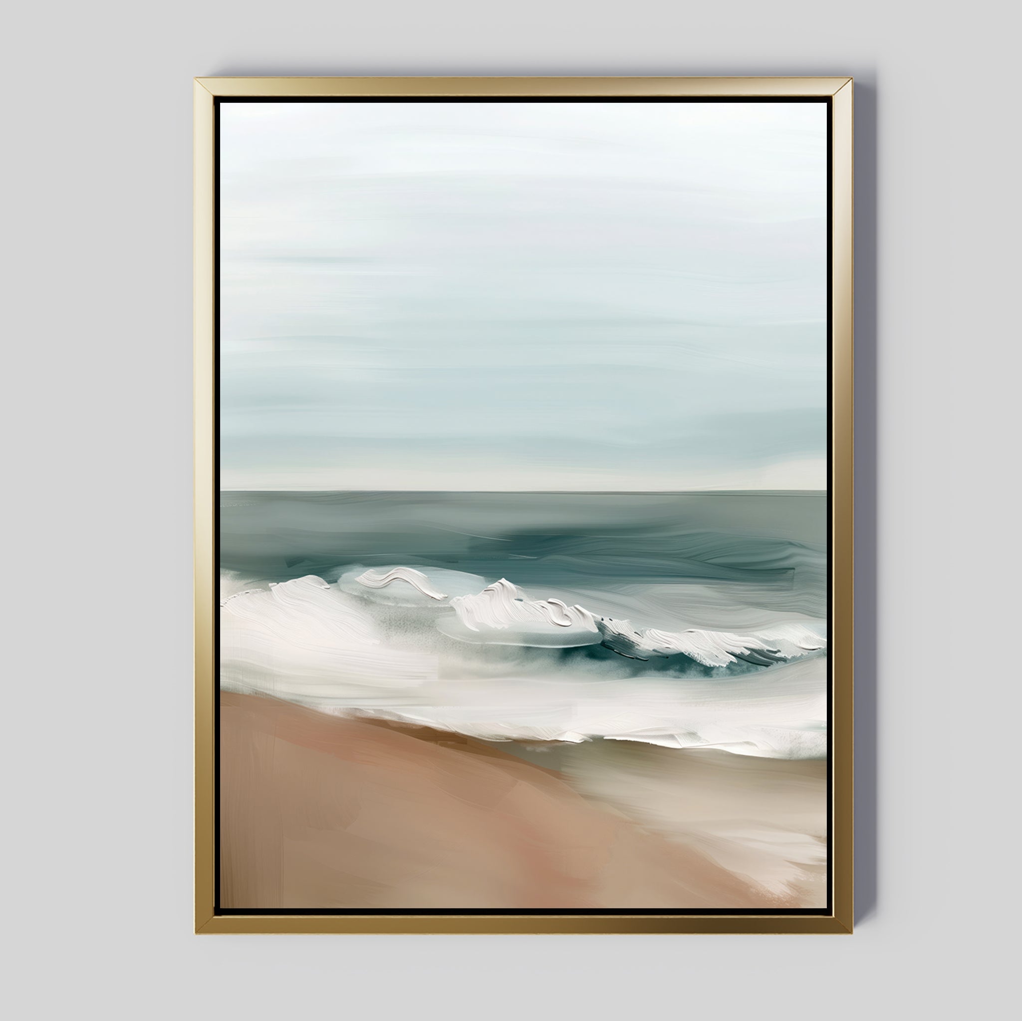Coastal Whisper Abstract Canvas Art is a framed painting of a beach scene with gentle waves, featuring calm, muted colors and broad brushstrokes for a serene, minimalist effect—perfect large wall art for your living room.