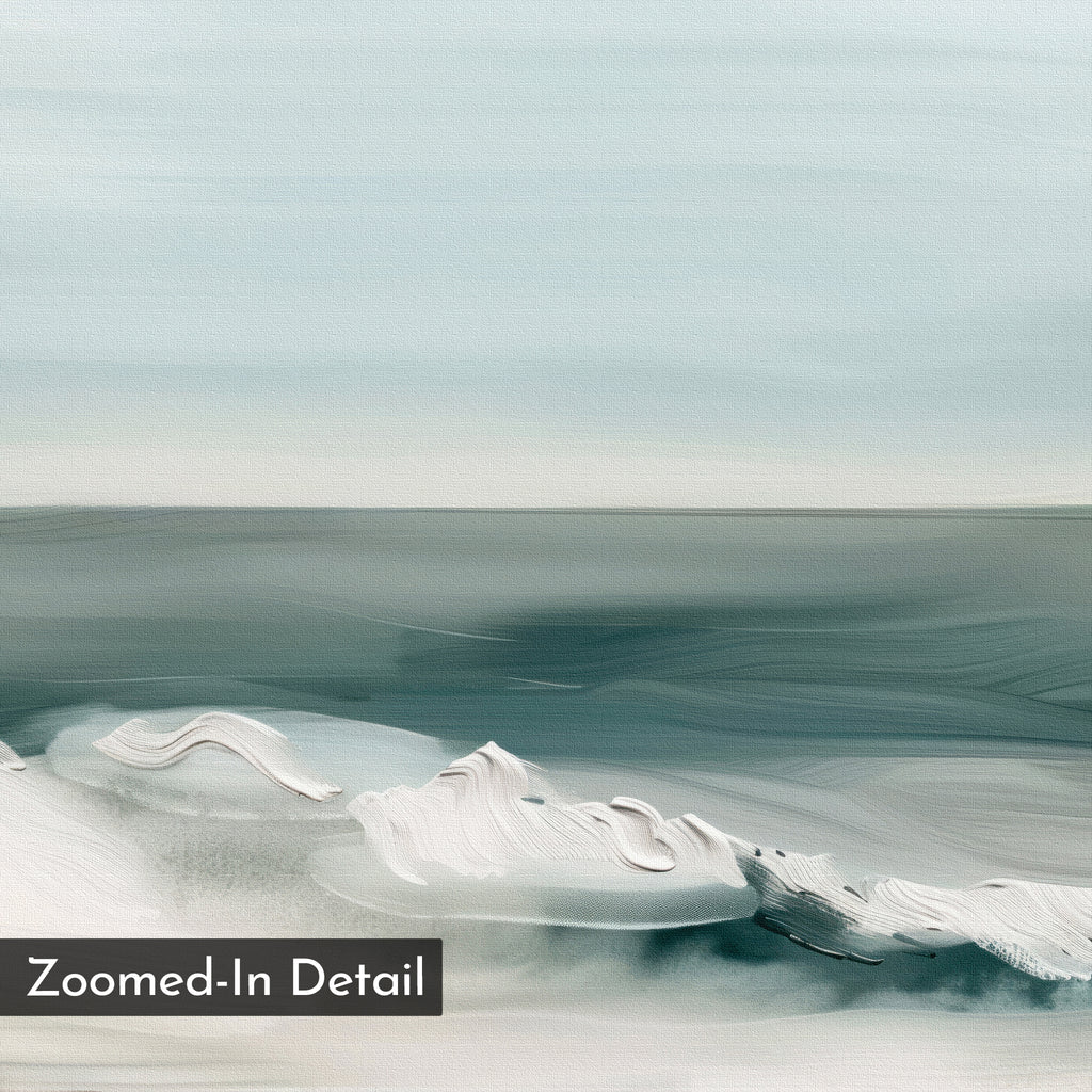 The Coastal Whisper Abstract Canvas Art features soft, wavy blue and white brushstrokes reminiscent of ocean waves beneath a pale sky. Labeled "Zoomed-In Detail" in the lower left, it adds calming elegance to any living room's minimalist décor.