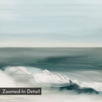 The Coastal Whisper Abstract Canvas Art features soft, wavy blue and white brushstrokes reminiscent of ocean waves beneath a pale sky. Labeled "Zoomed-In Detail" in the lower left, it adds calming elegance to any living room's minimalist décor.