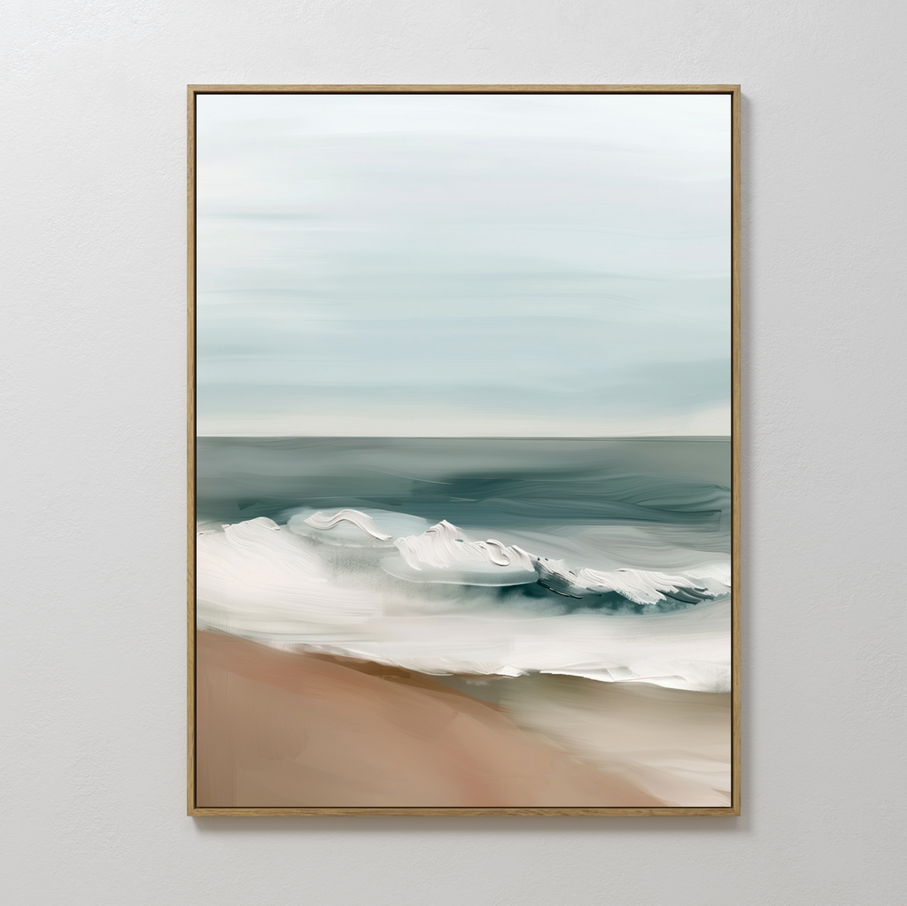 Coastal Whisper Abstract Canvas Art features a serene beach with gentle waves, soft sand, and a light blue sky—perfect minimalist or large wall art to elevate your living room decor.