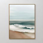 Coastal Whisper Abstract Canvas Art features a serene beach with gentle waves, soft sand, and a light blue sky—perfect minimalist or large wall art to elevate your living room decor.
