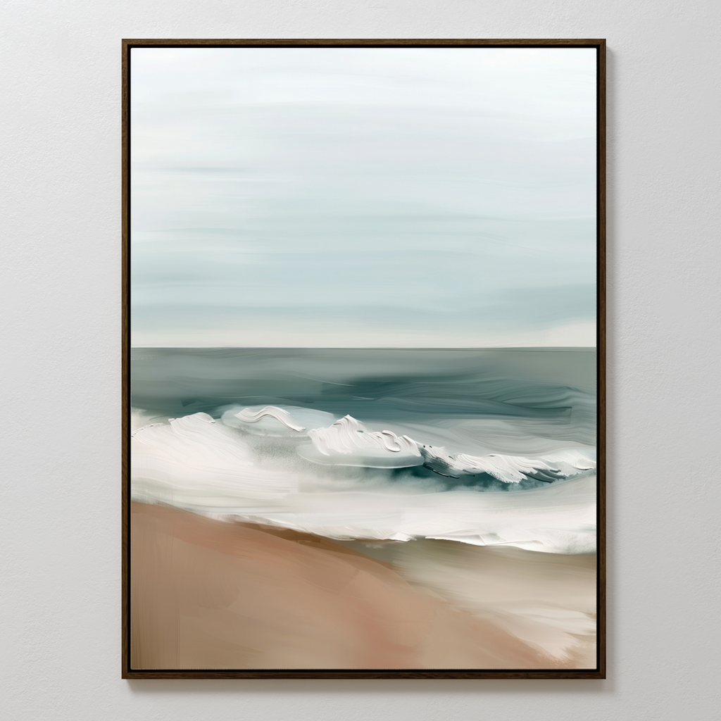 Coastal Whisper Abstract Canvas Art: A framed, minimalist wall art featuring soft, muted hues of gentle waves and sandy shores beneath a cloudy sky—perfect for bringing calm and peaceful decor to your living room.